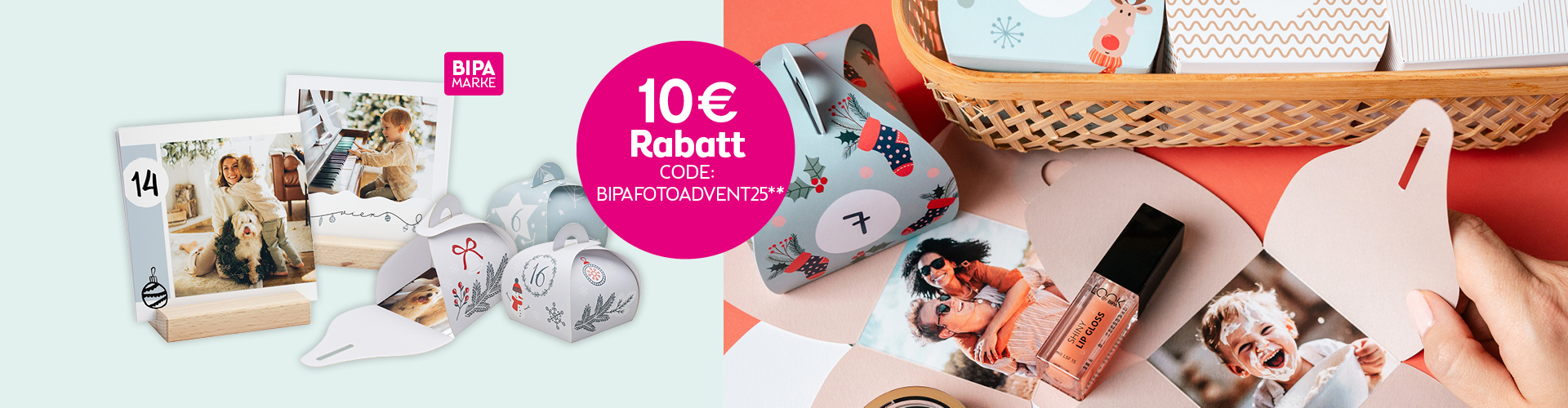 Adventkalender als Tischkalender oder DIY-Schachteln mit Fotos, jetzt 10 € Rabatt mit Code BIPAFOTOADVENT25 bei BIPA Fotoshop.