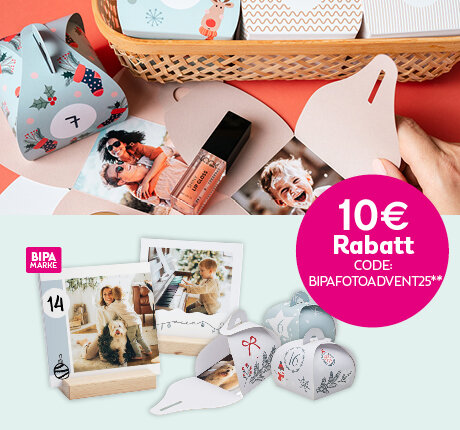 Adventkalender als Tischkalender oder DIY-Schachteln mit Fotos, jetzt 10 € Rabatt mit Code BIPAFOTOADVENT25 bei BIPA Fotoshop.