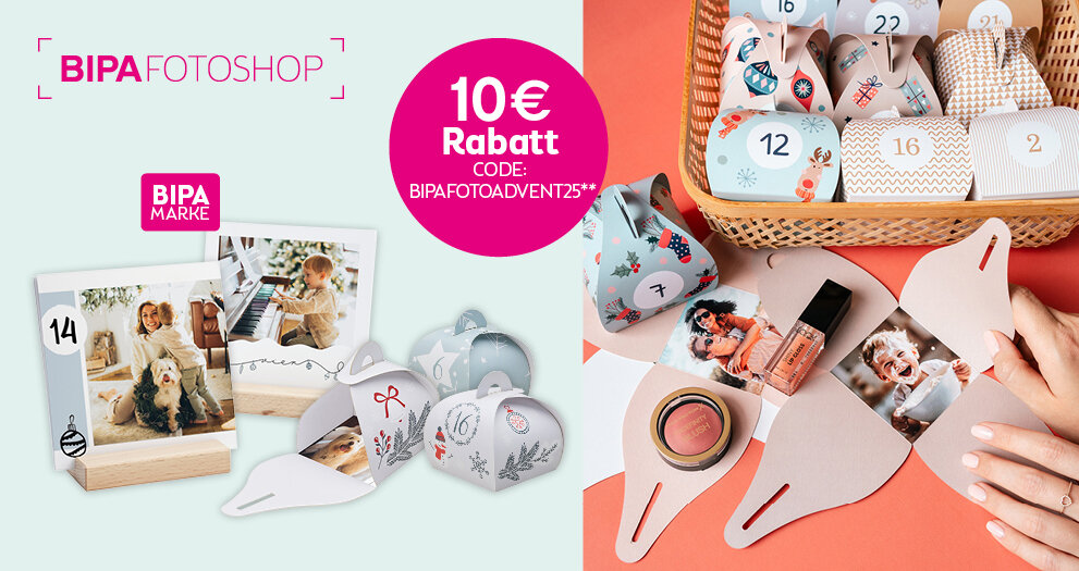 Adventkalender als Tischkalender oder DIY-Schachteln mit Fotos, jetzt 10 € Rabatt mit Code BIPAFOTOADVENT25 bei BIPA Fotoshop.
