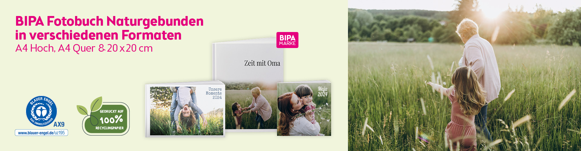 Großmutter geht mit Enkelkind durch eine Wiese, links BIPA Fotobuch Naturgebunden auf Recyclingpapier in drei Formaten.