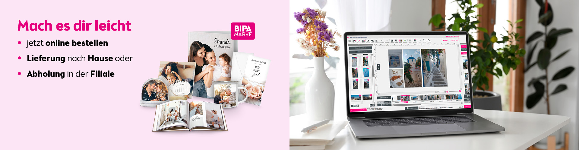 Laptop mit BIPA Fotoshop Editor zur Fotoproduktgestaltung, links Auswahl an Fotobüchern, Tassen und Kalendern.