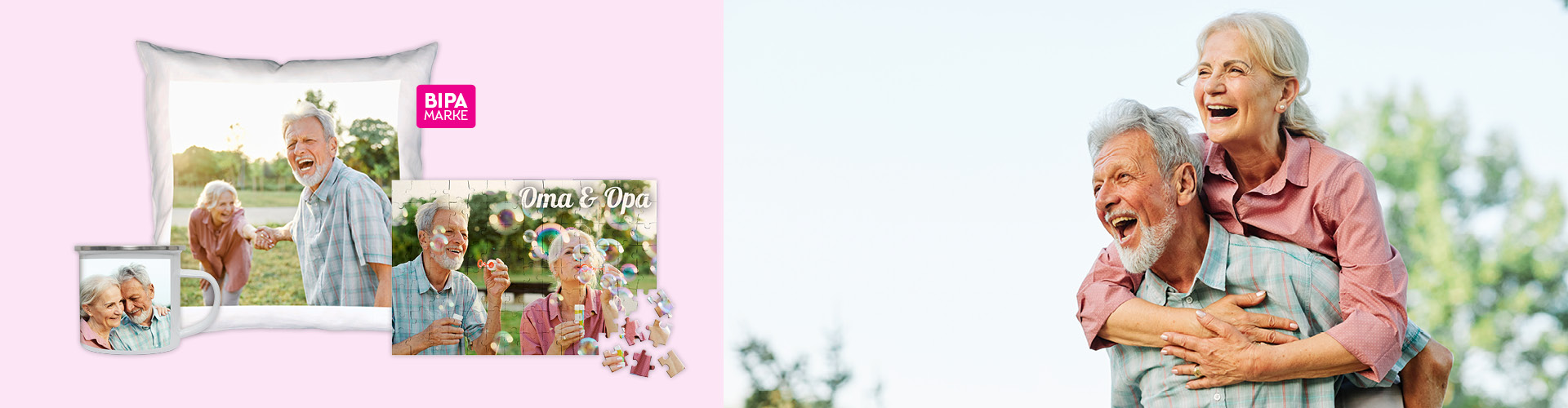 Personalisierte Fotogeschenke mit einem Bild von Oma und Opa vor blühendem Frühlingshintergrund – eine liebevolle Geschenkidee mit individuellem Motiv. Jetzt selbst gestalten!
