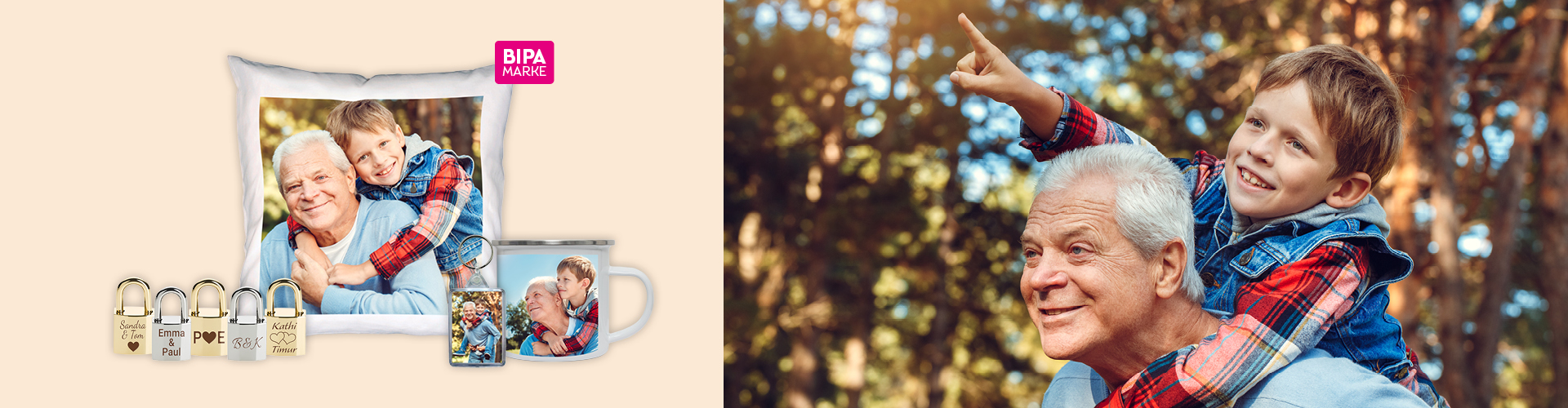 Enkel sitzt lachend auf den Schultern des Opas, links BIPA Fotoshop Geschenkideen mit persönlichen Bildern wie Tasse oder Kissen.