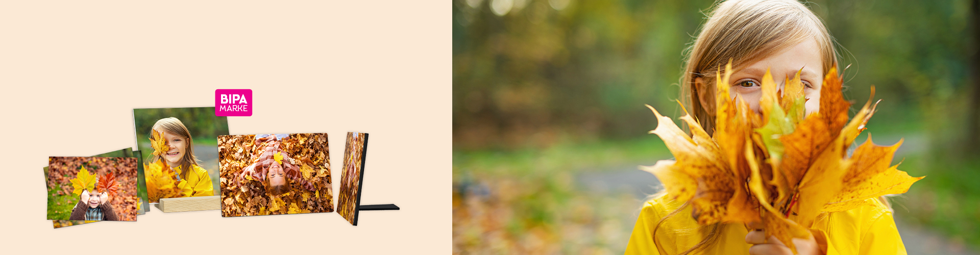 Kind hält lachend Herbstblätter vor das Gesicht, links herbstliche Fotoprodukte mit persönlichen Bildern von BIPA Fotoshop.