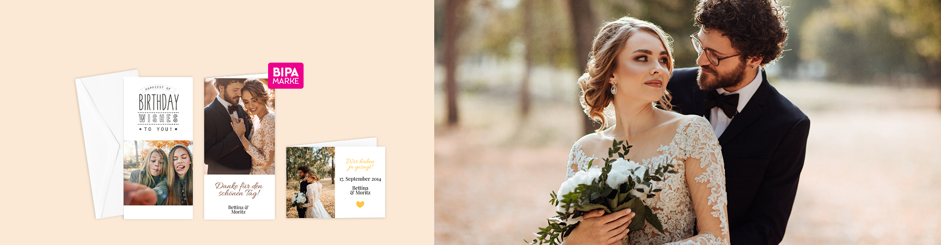 Brautpaar posiert im herbstlichen Park, links BIPA Fotoshop Karten mit persönlichen Fotos für Hochzeit, Geburtstag und Dankeschön.