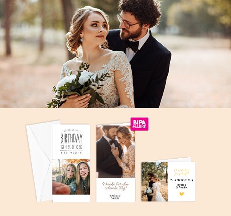 Brautpaar posiert im herbstlichen Park, links BIPA Fotoshop Karten mit persönlichen Fotos für Hochzeit, Geburtstag und Dankeschön.