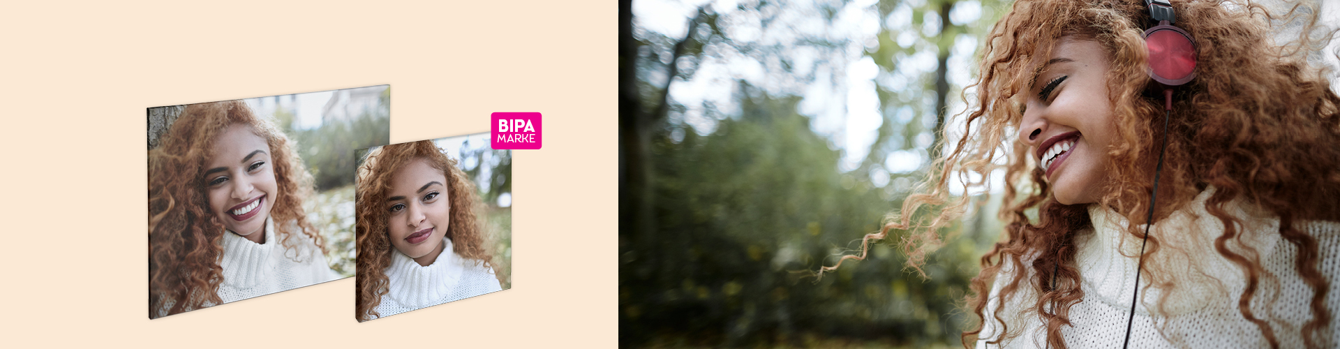 Junge Frau mit Kopfhörern lacht im herbstlichen Wald, links BIPA Fotoshop Wandbilder mit Porträtaufnahmen in herbstlicher Stimmung.