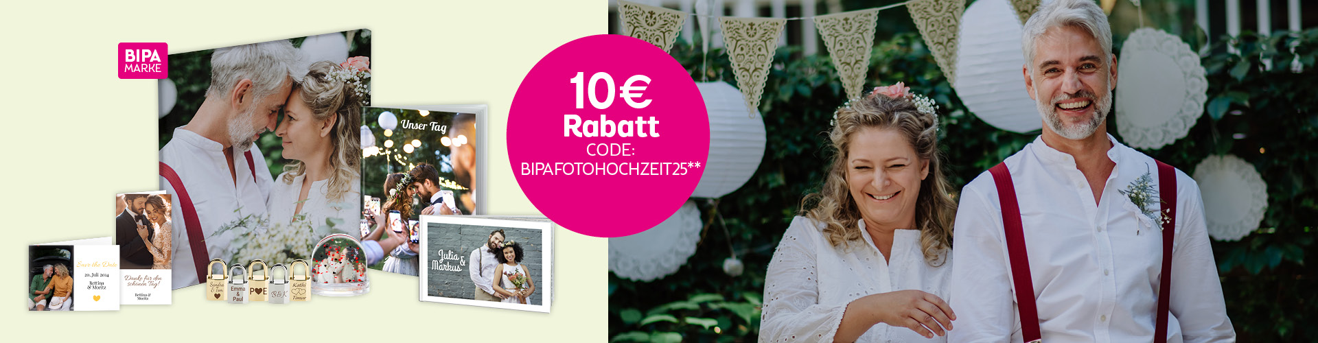Hochzeitspaar mit personalisierten Fotogeschenken von BIPA Fotoshop und 10 € Rabatt mit Code BIPAFOTOHOCHZEIT25.