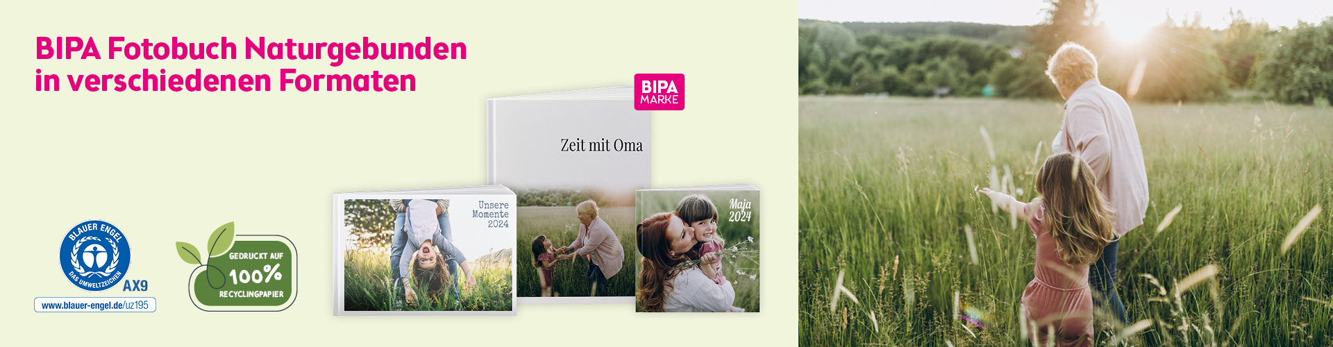 Großmutter geht mit Enkelkind durch eine Wiese, links BIPA Fotobuch Naturgebunden auf Recyclingpapier in drei Formaten.