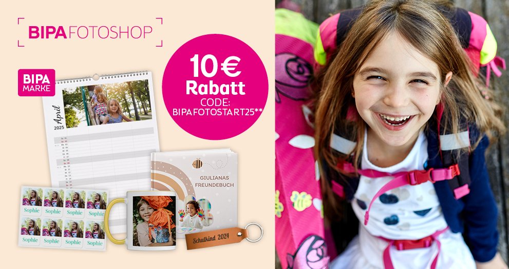 Mädchen mit Schultüte freut sich auf den Schulstart, 10 € Rabatt bei BIPA Fotoshop mit Code BIPAFOTOSTART25 sichern.