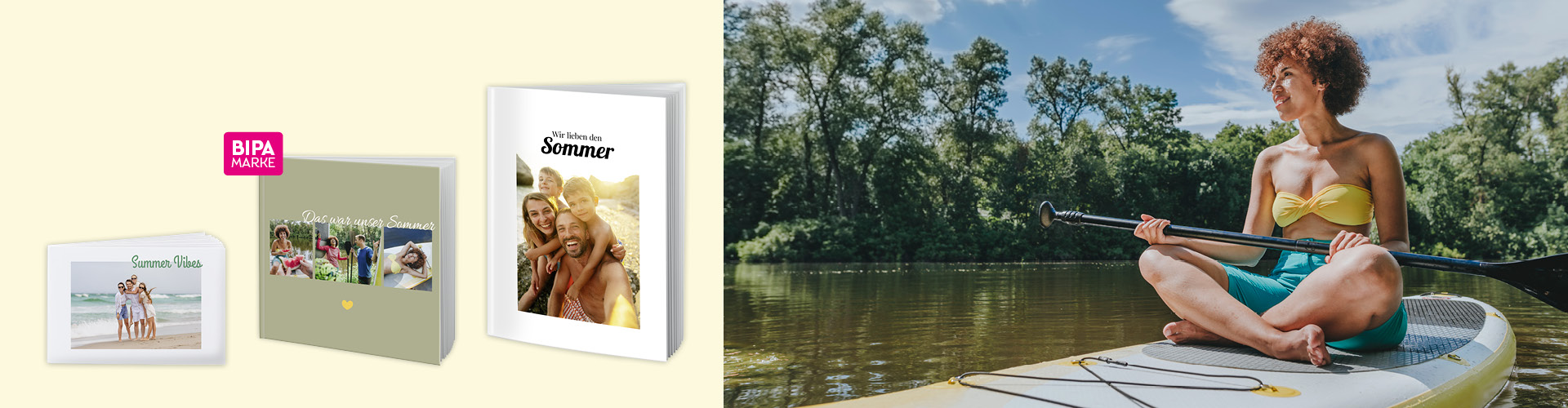 Junge Frau paddelt im Sommer auf einem See, links BIPA Fotobücher mit Urlaubsfotos und Sommerdesigns.