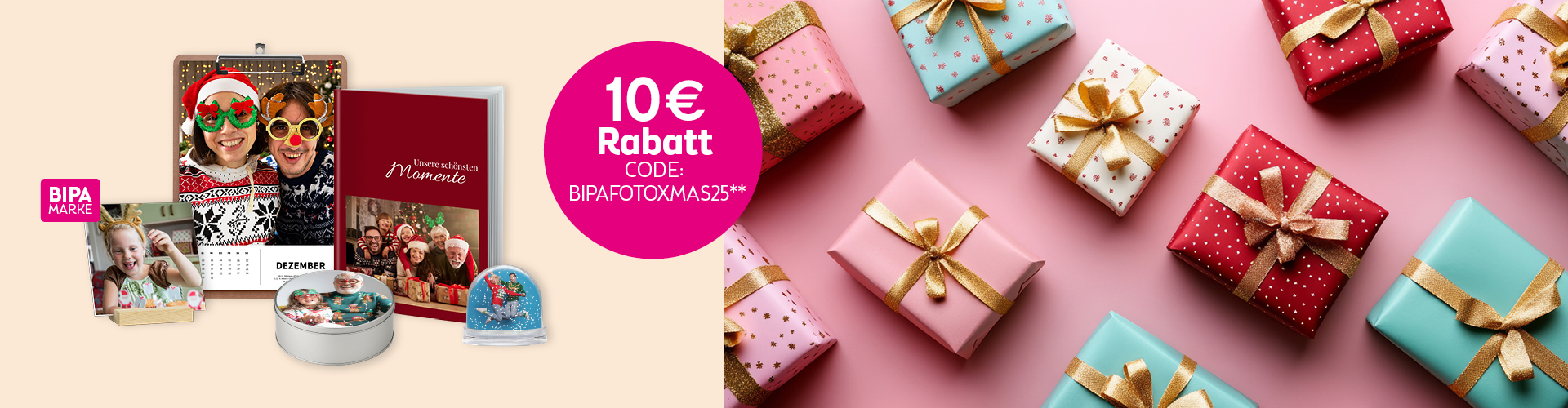 Persönliche Fotogeschenke wie Kalender, Buch oder Schneekugel von BIPA Fotoshop mit 10 € Rabattcode BIPAFOTOXMAS25 sichern.
