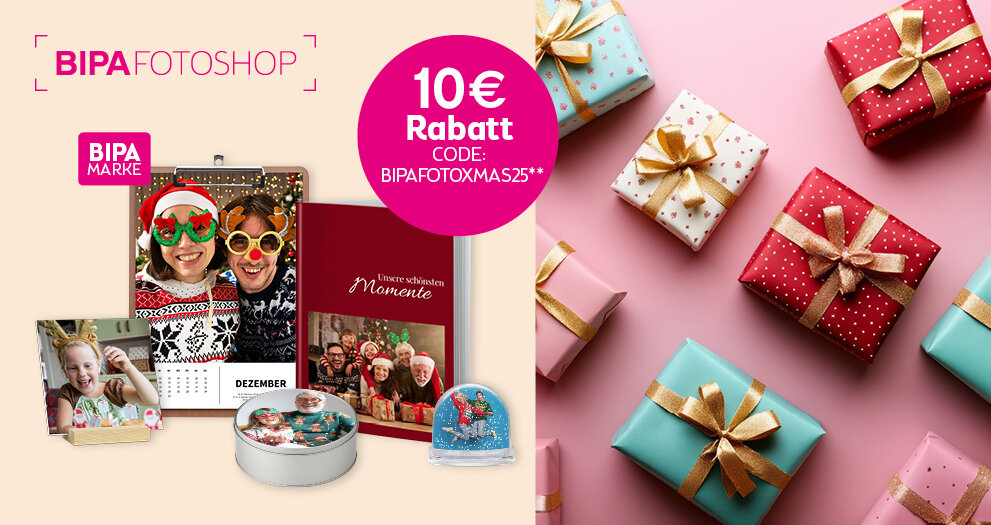 Persönliche Fotogeschenke wie Kalender, Buch oder Schneekugel von BIPA Fotoshop mit 10 € Rabattcode BIPAFOTOXMAS25 sichern.