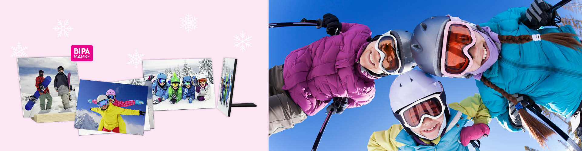 Kinder beim Skifahren und Snowboarden im Winter, daneben personalisierte Fotoaufsteller mit Wintersportmotiven.