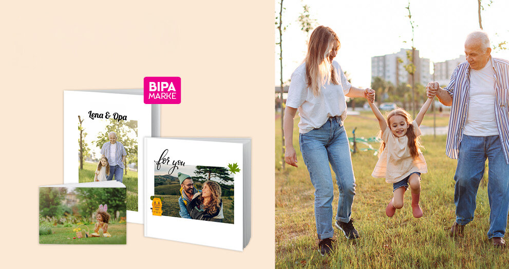 Fotobuch mit persönlichen Fotos aus Frühling und Alltag im BIPA Fotoshop gestalten – ideal als Geschenk für die Familie.