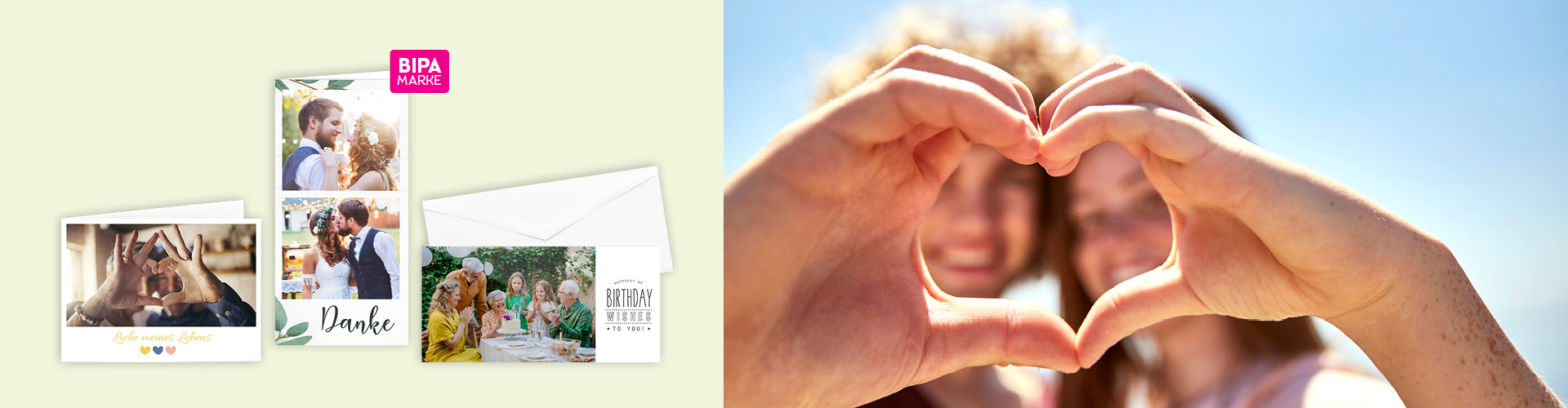 Zwei Menschen formen ein Herz mit den Händen – personalisierte Grußkarten mit Fotos zu Hochzeit, Geburtstag oder Dankeschön gestalten.
